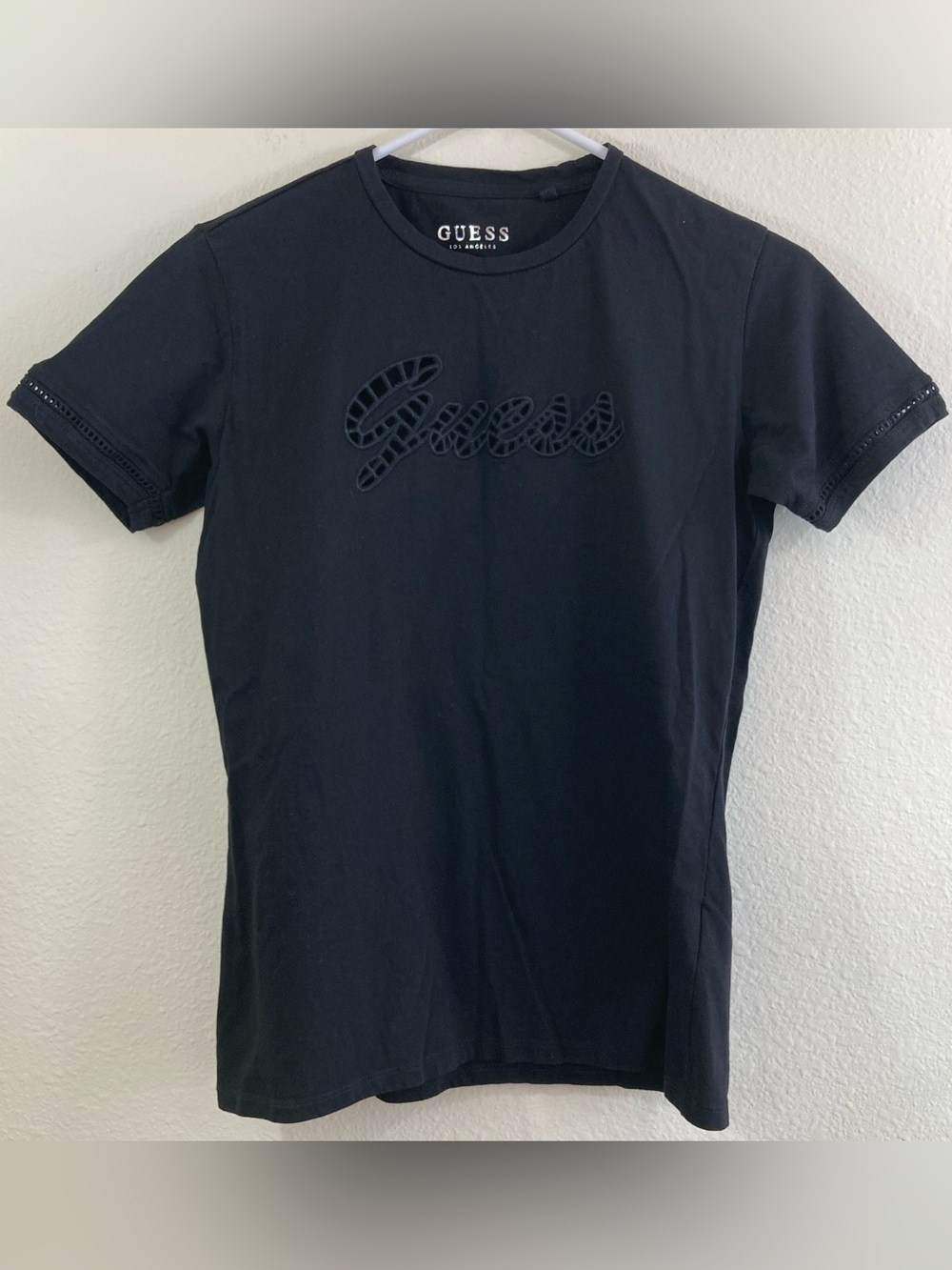 Guess Women's Black Cutout Logo T-Shirt Size M Short Sleeve